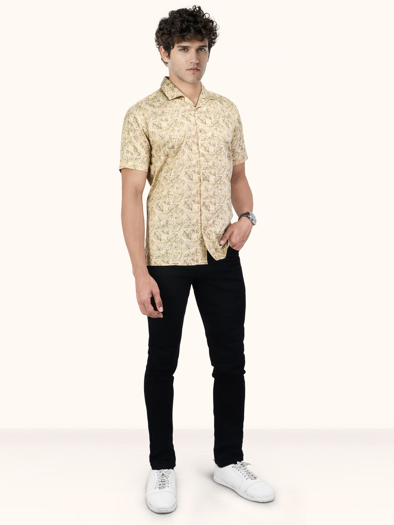 Men Smart Fit Floral Print Beige Half Sleeve Shirt