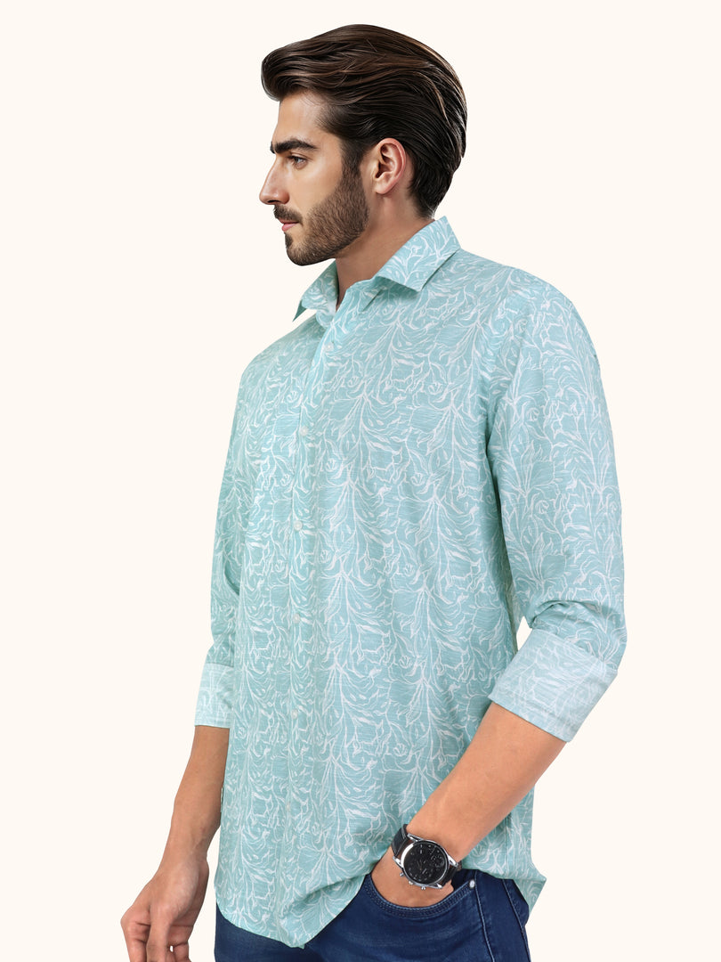 Men Smart Fit Floral Print Green Full Sleeve Shirt