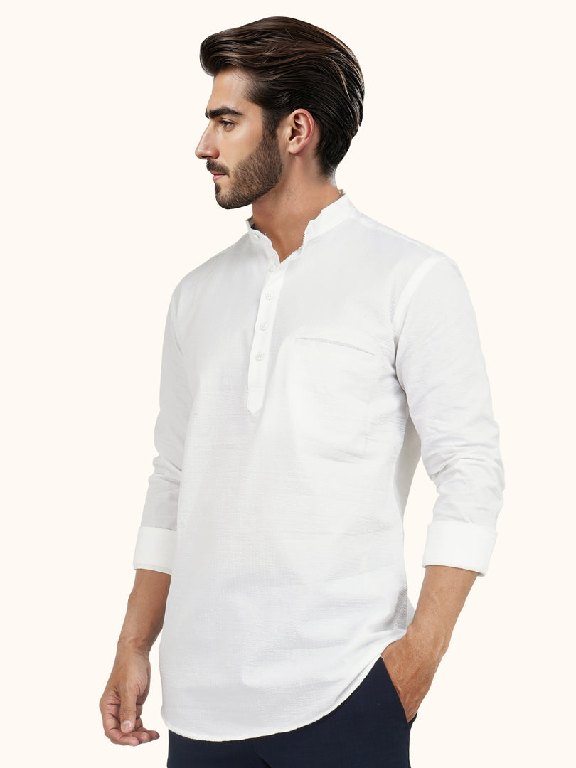 MENS POPCORN WHITE PLAIN SLIM FIT SHORT KURTA