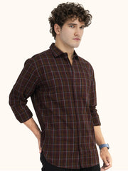 MENS COTTON BROWN CHECKERED SLIM FIT FULL SLEEVE CASUAL SHIRT