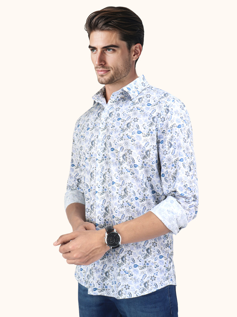 Men Smart Fit Floral Print Blue Full Sleeve Shirt