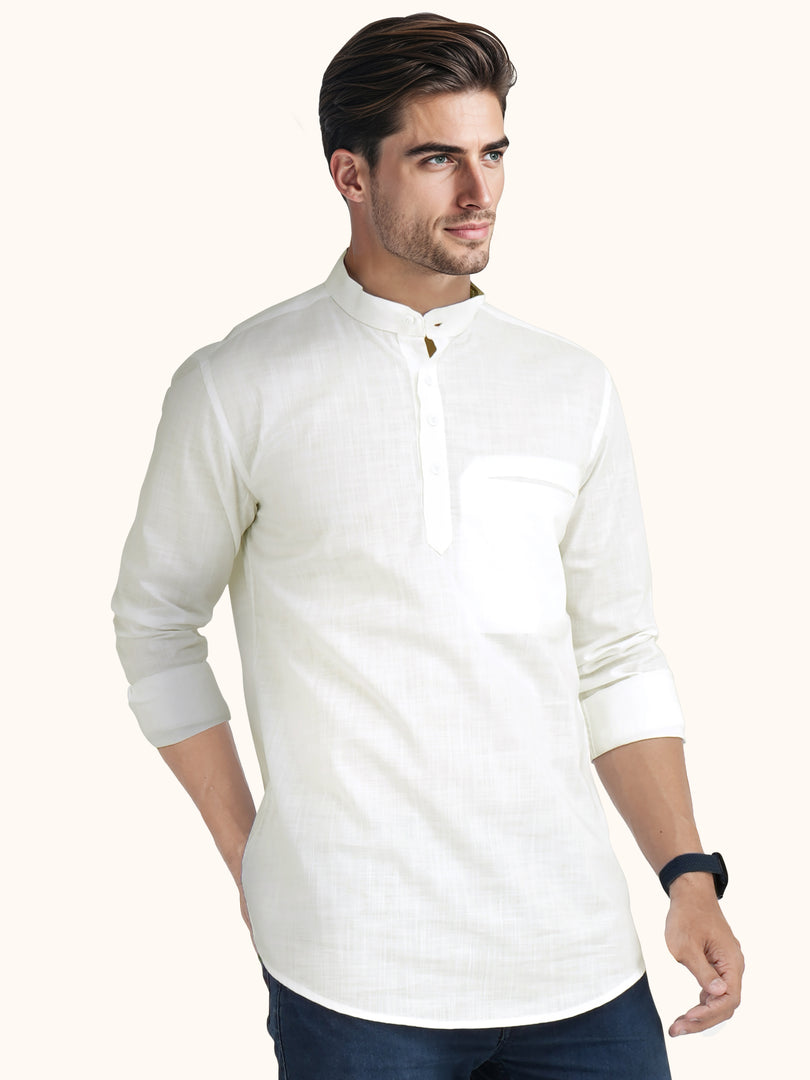 MENS COTTON WHITE PLAIN SLIM FIT SHORT KURTA