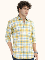 Load image into Gallery viewer, MENS COTTON YELLOW CHECKERED SLIM FIT FULL SLEEVE CASUAL SHIRT
