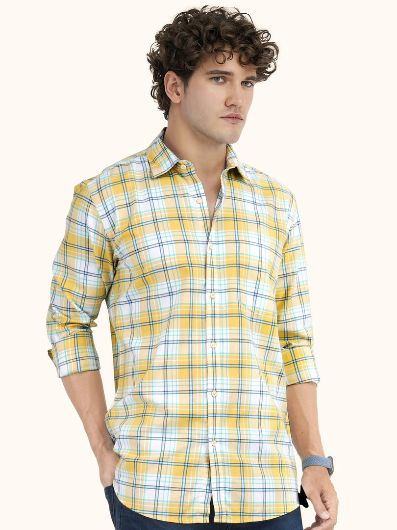 MENS COTTON YELLOW CHECKERED SLIM FIT FULL SLEEVE CASUAL SHIRT
