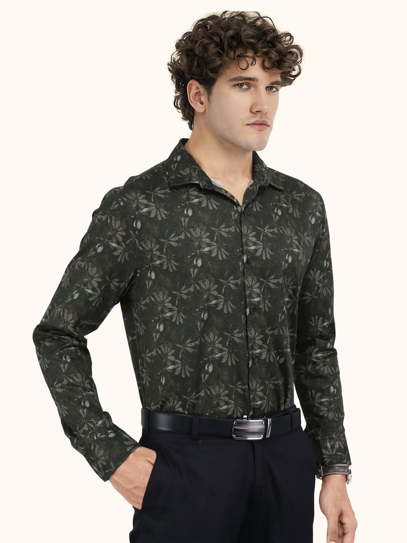 Men Smart Fit Floral Print Olive Full Sleeves Shirt