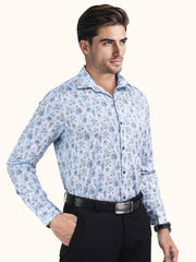 Men Smart Fit Floral Print Sky Full Sleeves Shirt