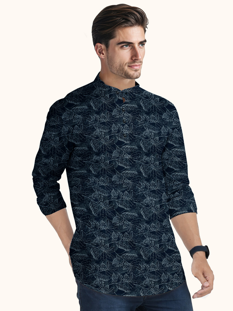 Men Smart Fit Floral Print Blue Full Sleeve Kurta