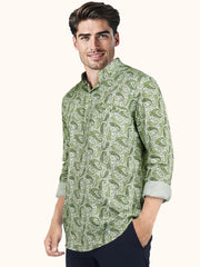 MENS COTTON GREEN PRINTED SLIM FIT SHORT KURTA