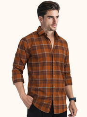 MENS COTTON BROWN CHECKERED SLIM FIT FULL SLEEVE CASUAL SHIRT
