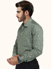 MENS COTTON GREY PRINTED SMART FIT FULL SLEEVE FORMAL SHIRT