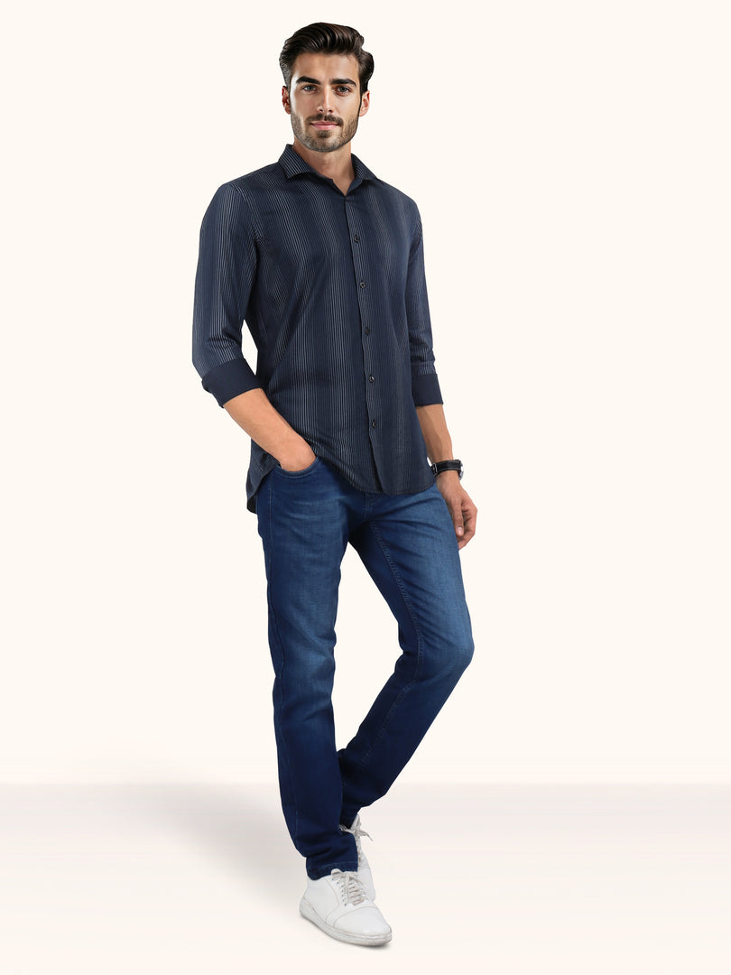 Men Smart Fit Stripped Blue Full Sleeve Shirt