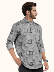 MENS COTTON GREY PRINTED SLIM FIT SHORT KURTA