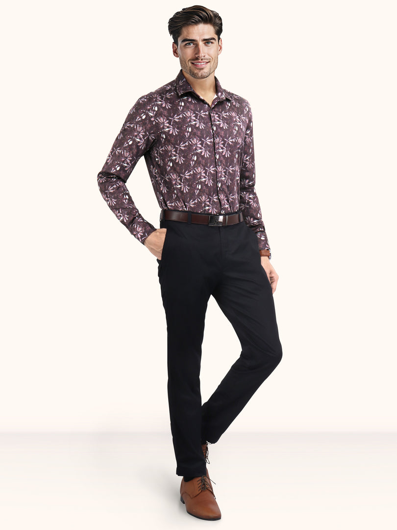 Men Smart Fit Floral Print Brown Full Sleeves Shirt