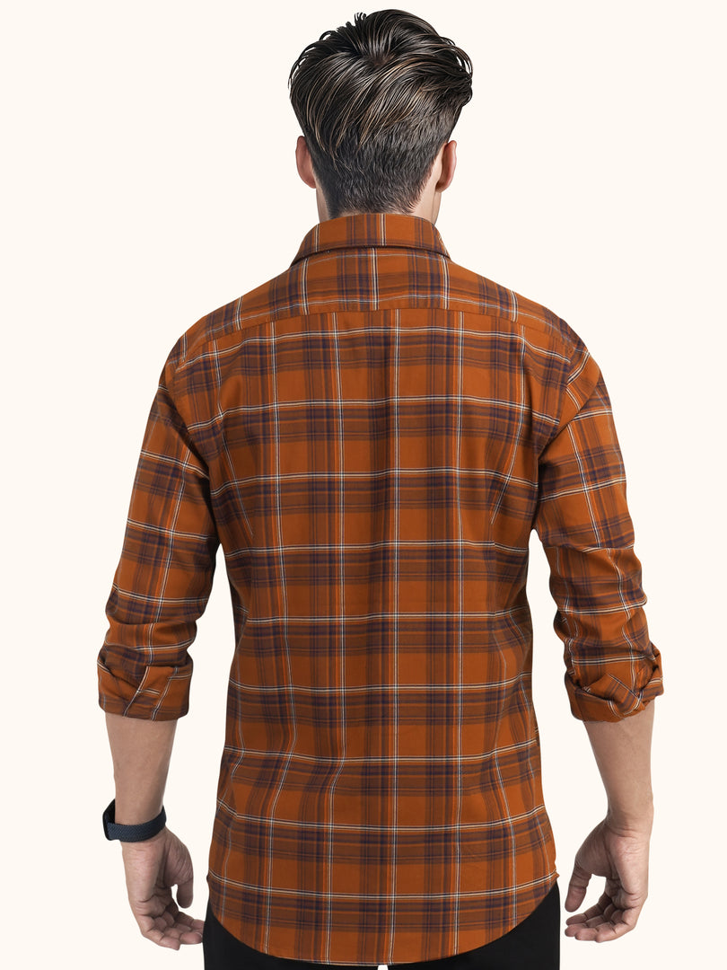 MENS COTTON BROWN CHECKERED SLIM FIT FULL SLEEVE CASUAL SHIRT