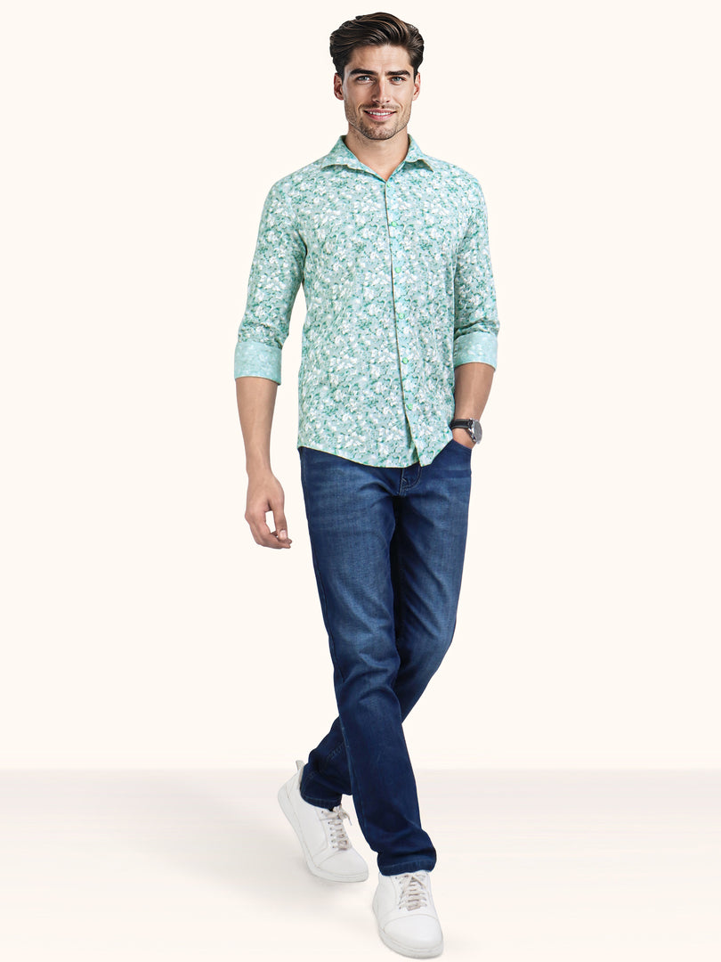 Men Smart Fit Floral Print Green Full Sleeve Shirt
