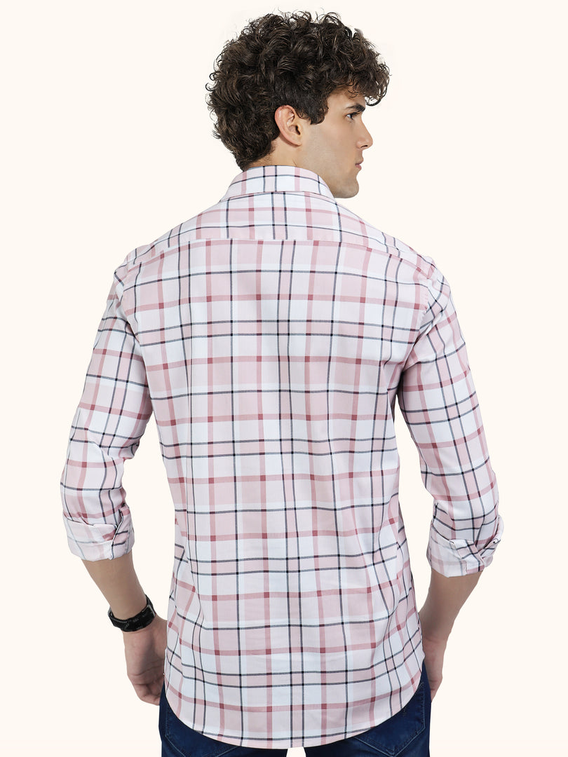 Men Smart Fit Chequered Pink Full Sleeve Shirt
