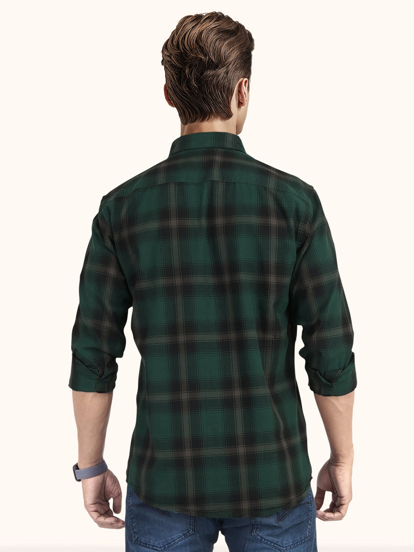 MENS COTTON GREEN CHECKERED SLIM FIT FULL SLEEVE CASUAL SHIRT