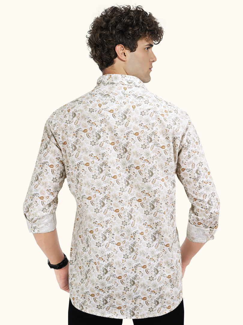 Men Smart Fit Floral Print Beige Full Sleeve Shirt