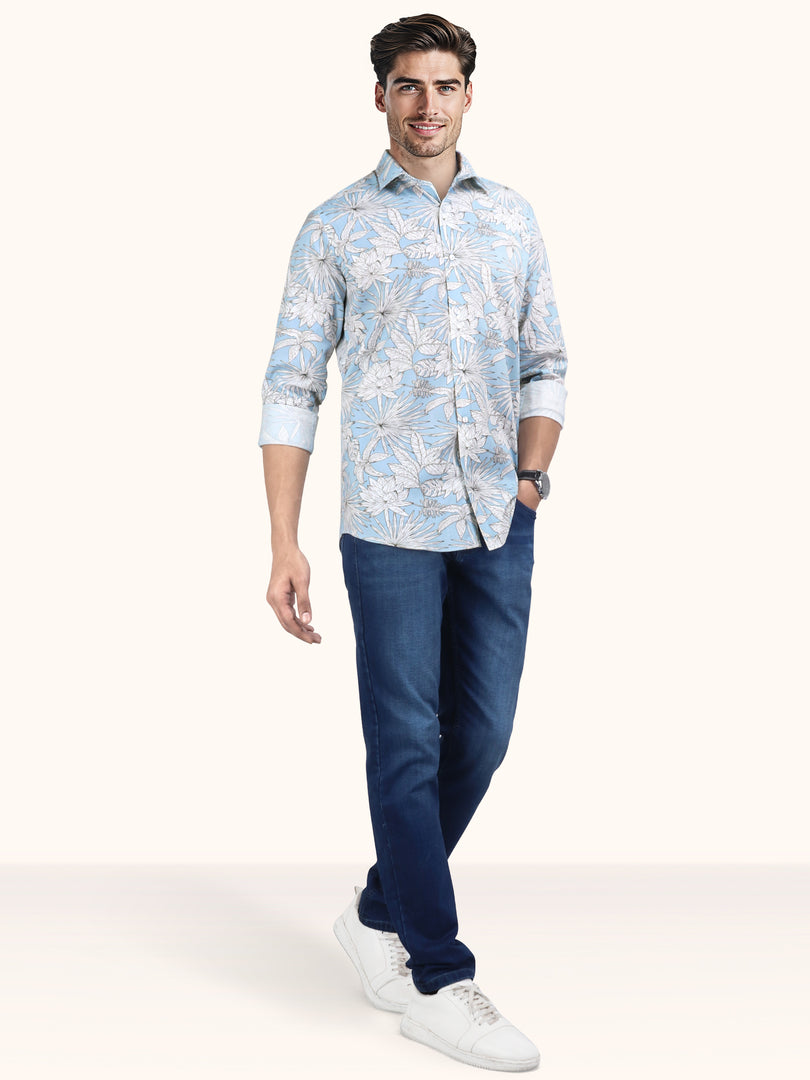 Men Smart Fit Floral Print Blue Full Sleeve Shirt