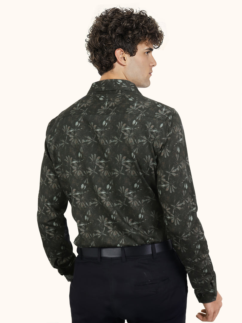 Men Smart Fit Floral Print Olive Full Sleeves Shirt