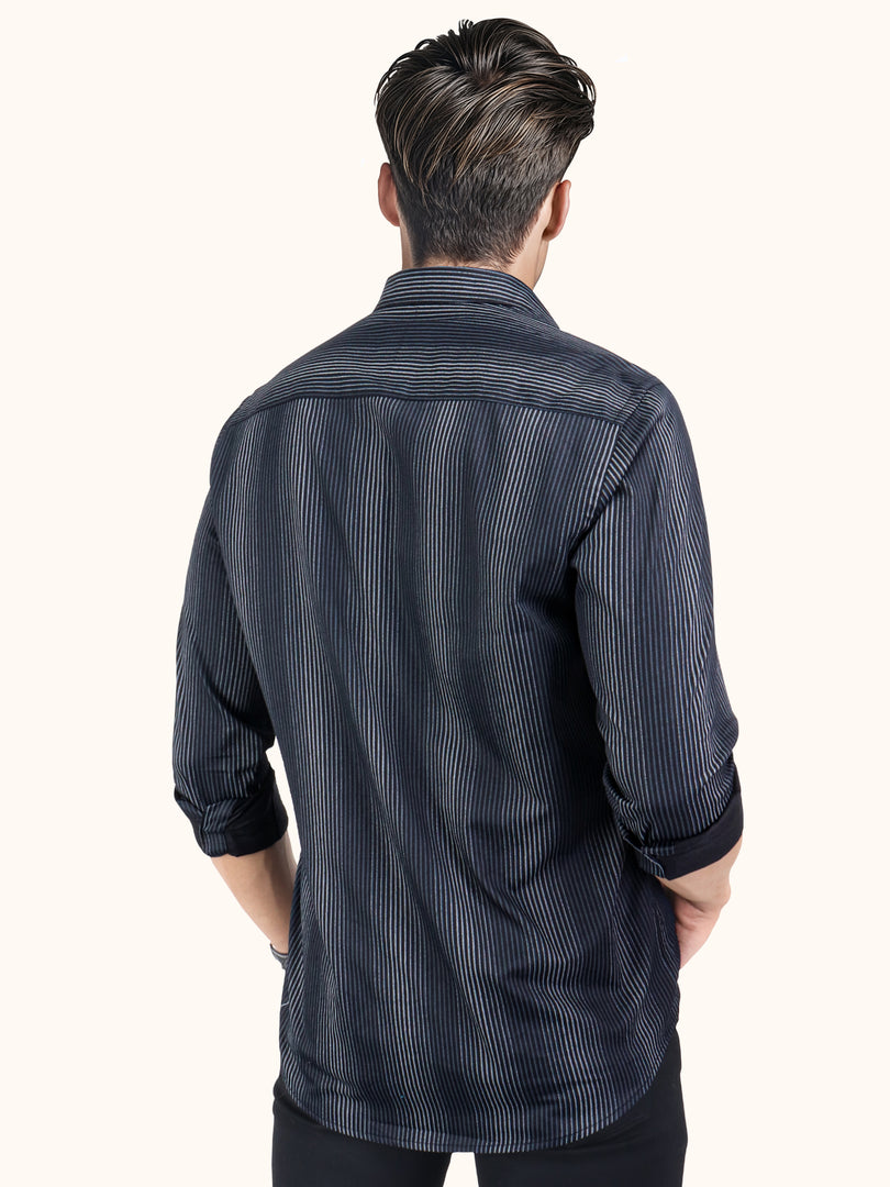 Men Smart Fit Stripped Black Full Sleeve Shirt