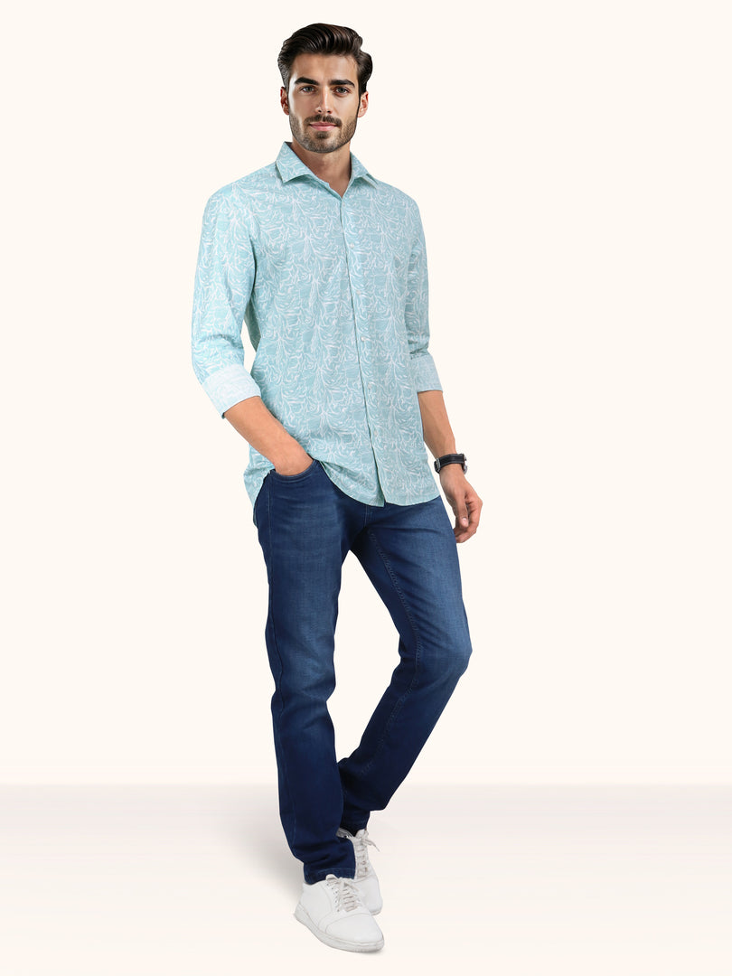 Men Smart Fit Floral Print Green Full Sleeve Shirt