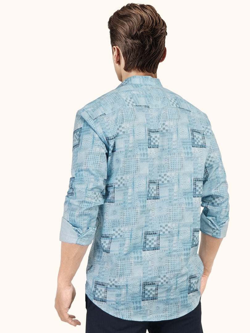 MENS COTTON SKY PRINTED SLIM FIT SHORT KURTA