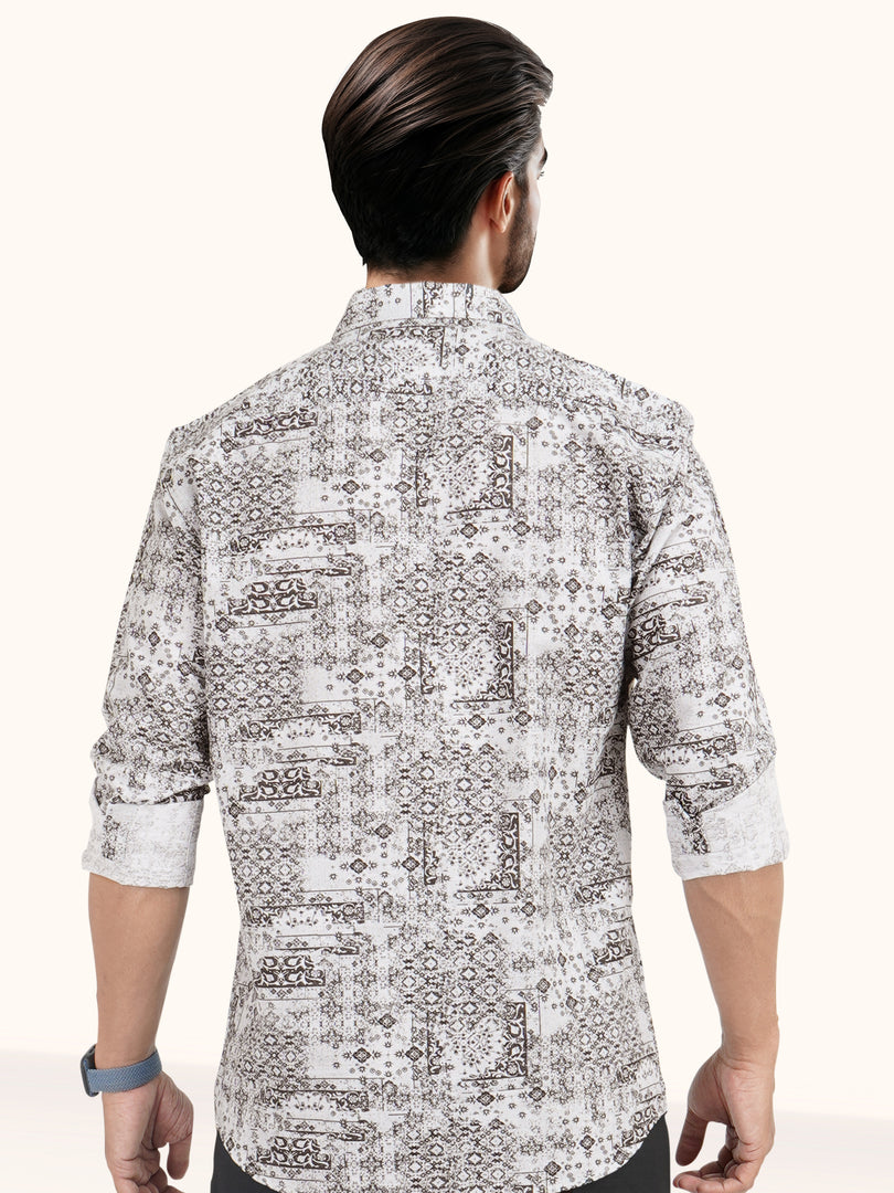 MENS COTTON WHITE PRINTED SLIM FIT FULL SLEEVE CASUAL SHIRT