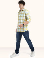 Load image into Gallery viewer, MENS COTTON YELLOW CHECKERED SLIM FIT FULL SLEEVE CASUAL SHIRT
