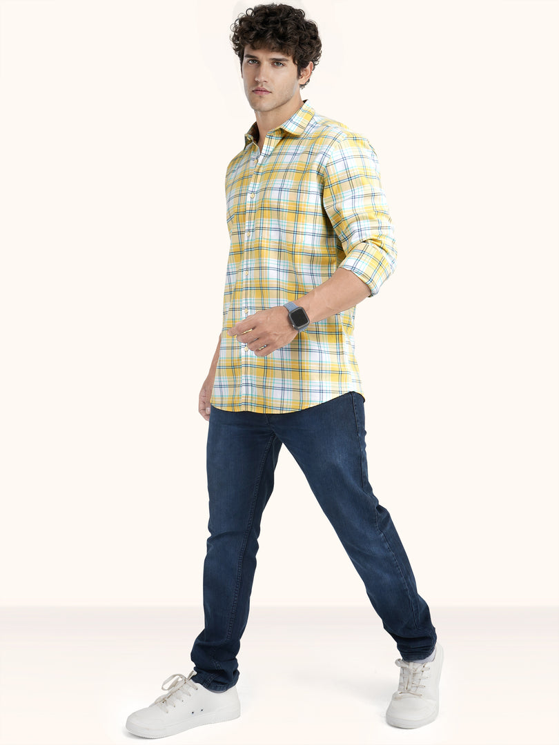 MENS COTTON YELLOW CHECKERED SLIM FIT FULL SLEEVE CASUAL SHIRT