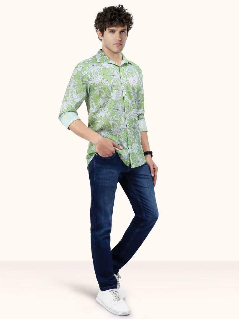 Men Smart Fit Floral Print Green Full Sleeve Shirt