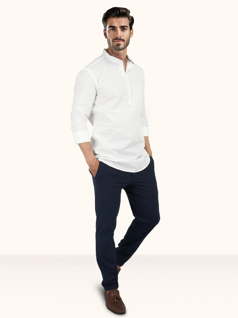 MENS POPCORN WHITE PLAIN SLIM FIT SHORT KURTA
