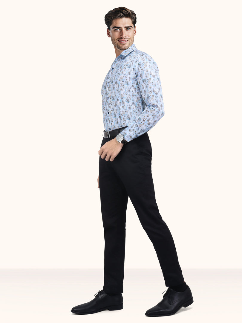 Men Smart Fit Floral Print Sky Full Sleeves Shirt