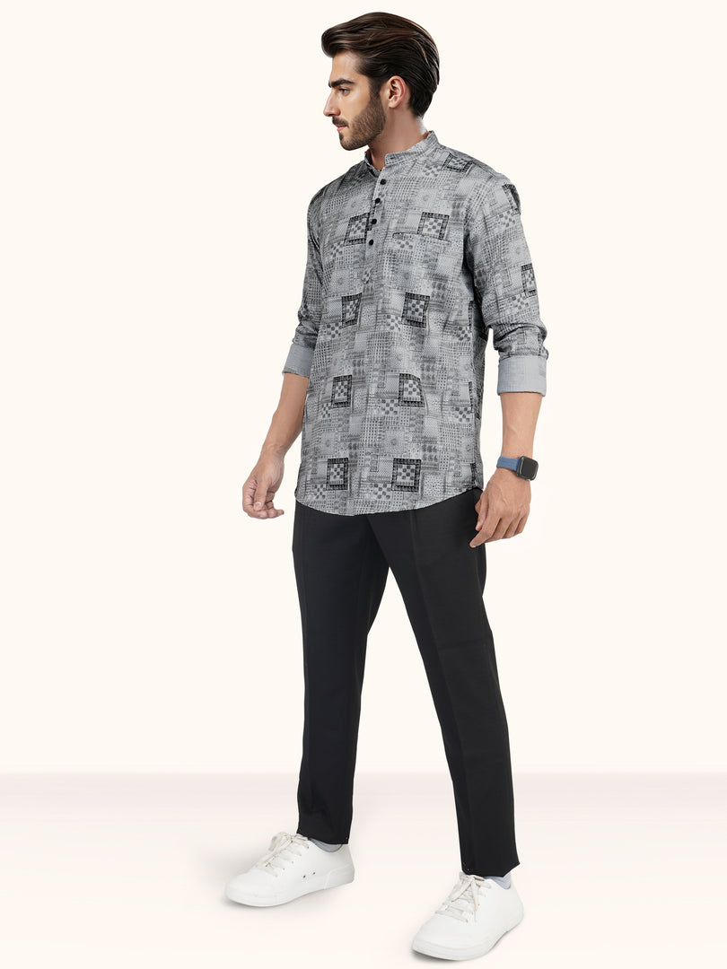 MENS COTTON GREY PRINTED SLIM FIT SHORT KURTA