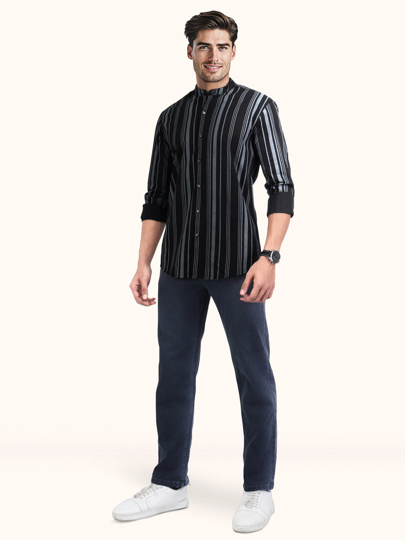 Men Smart Fit Stripped Black Full Sleeve Shirt