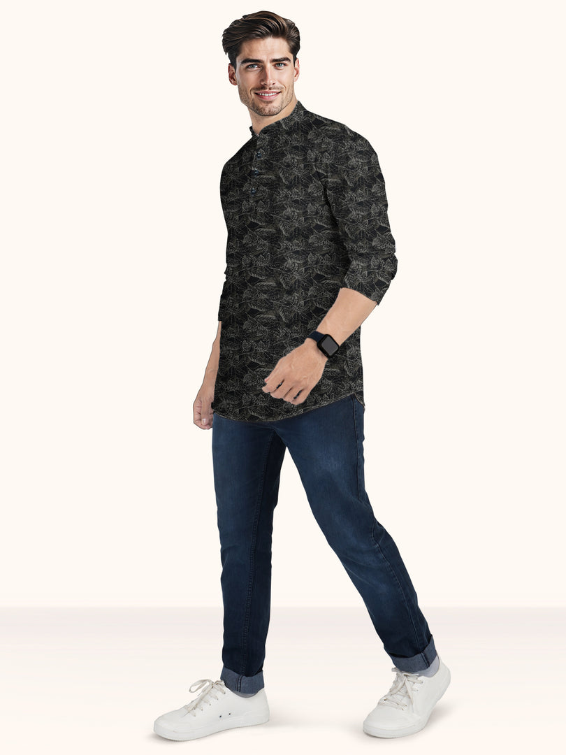 Men Smart Fit Floral Print Black Full Sleeve Kurta