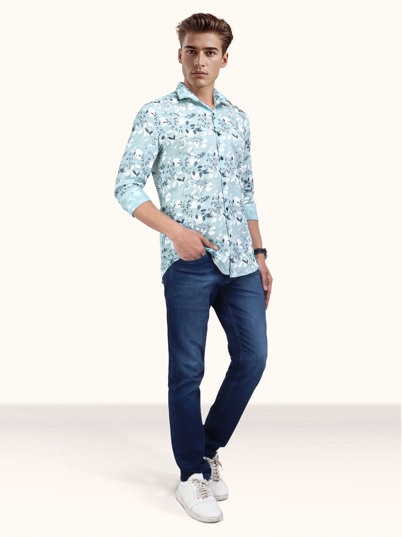 Men Smart Fit Floral Print Green Full Sleeve Shirt