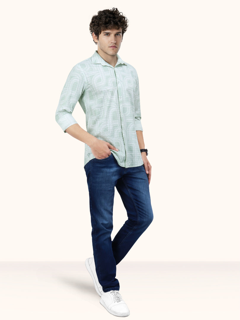 Men Smart Fit Abstract Print Green Full Sleeve Shirt