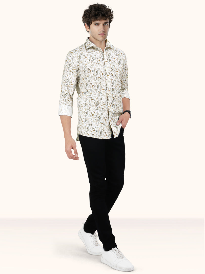 Men Smart Fit Floral Print Beige Full Sleeve Shirt
