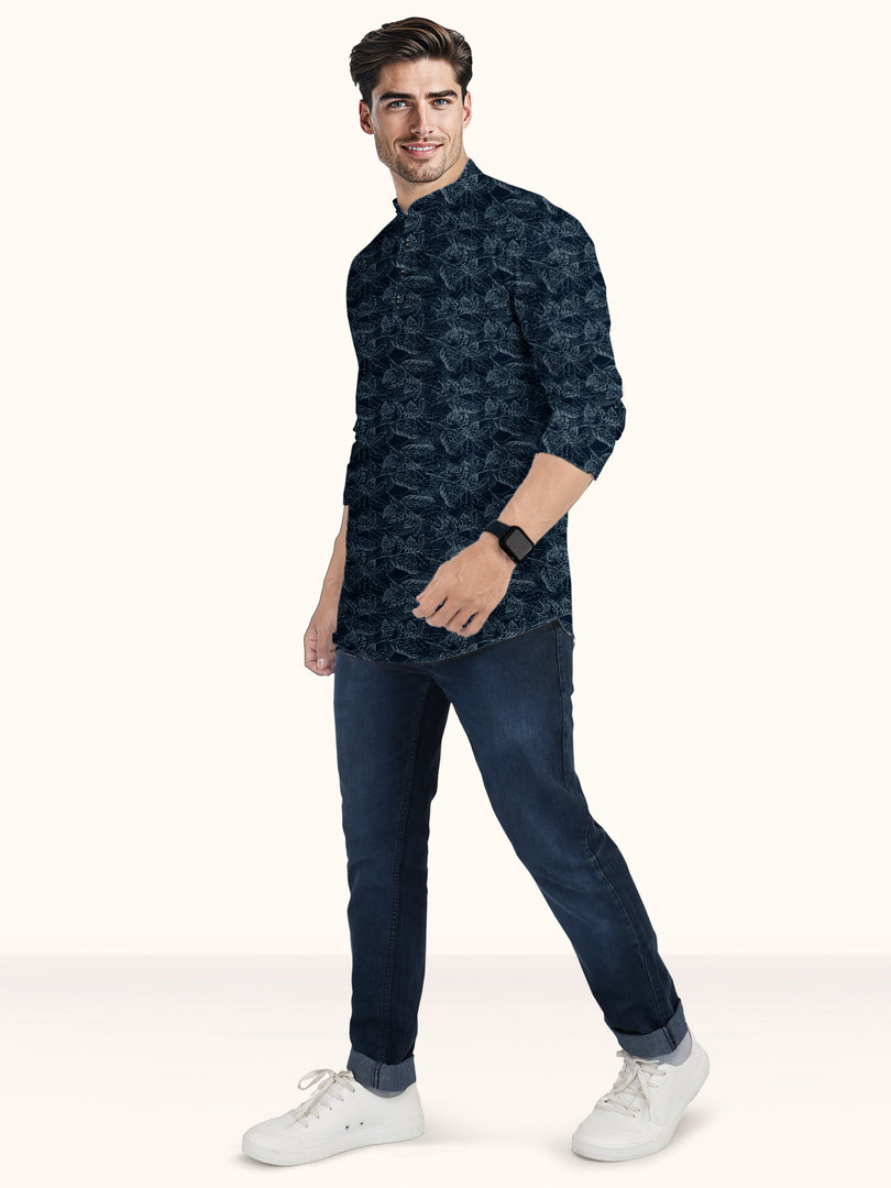 Men Smart Fit Floral Print Blue Full Sleeve Kurta
