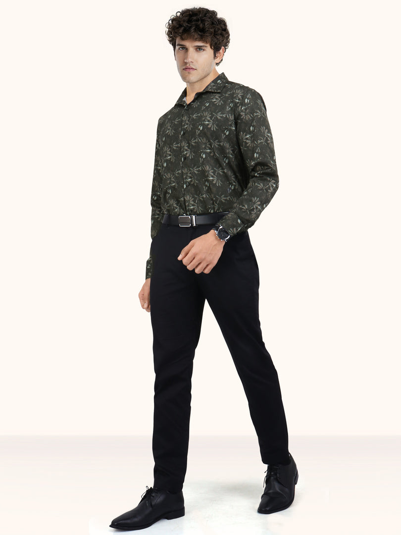 Men Smart Fit Floral Print Olive Full Sleeves Shirt