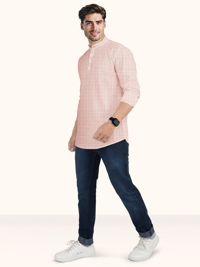 Men Smart Fit Abstract Print Peach Full Sleeve Kurta