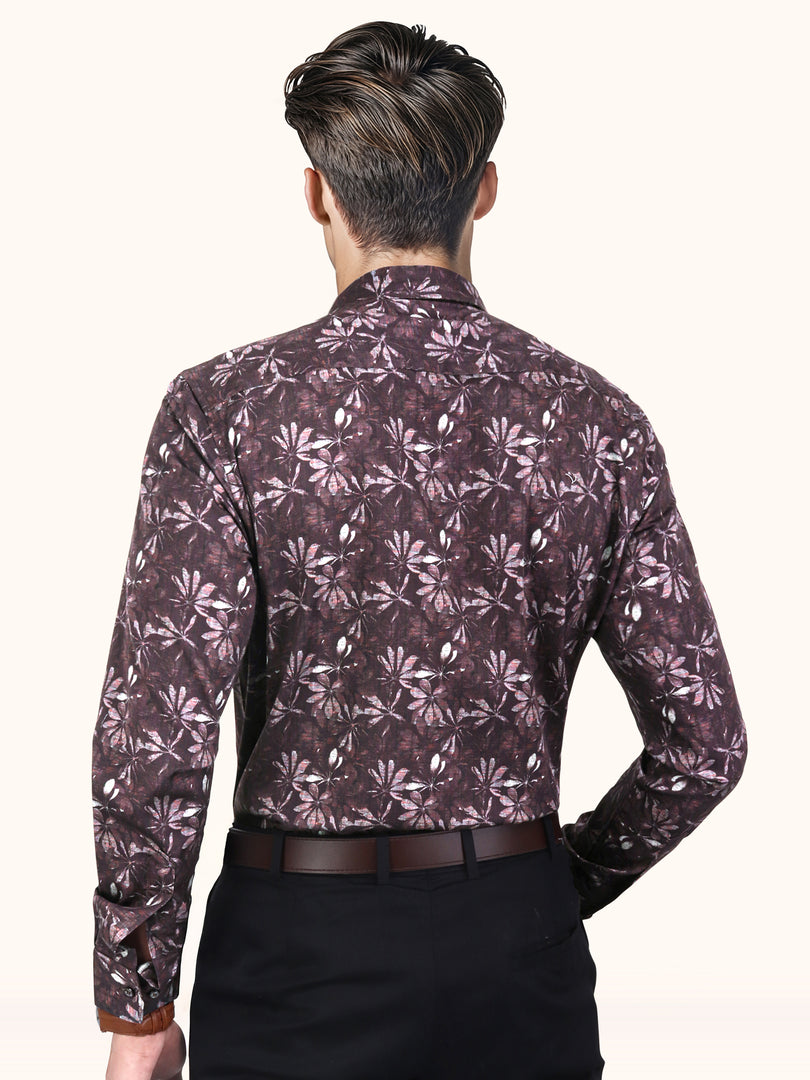Men Smart Fit Floral Print Brown Full Sleeves Shirt