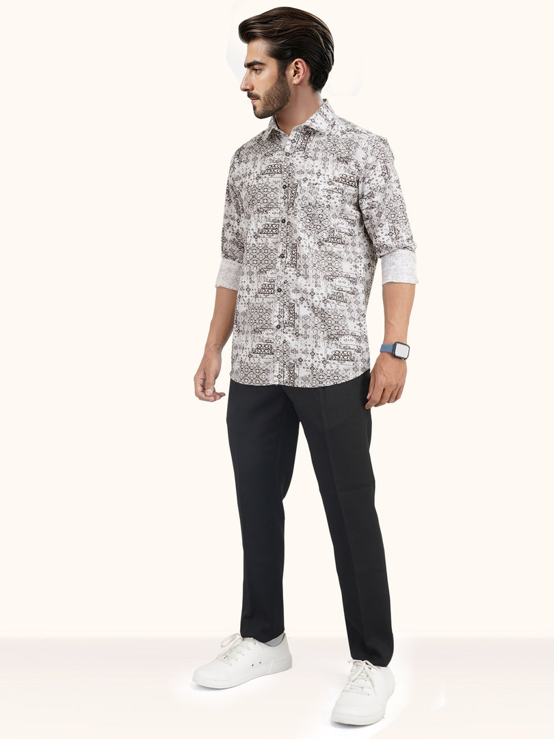 MENS COTTON WHITE PRINTED SLIM FIT FULL SLEEVE CASUAL SHIRT