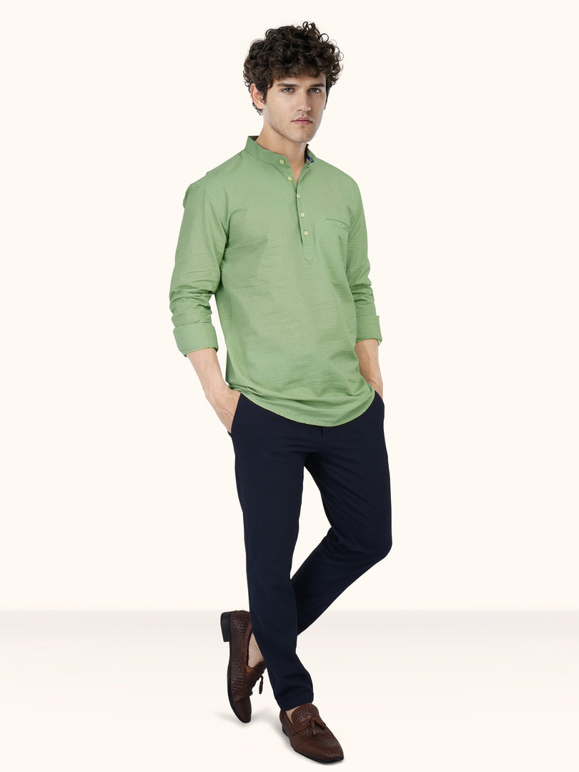 MENS POPCORN GREEN PLAIN SLIM FIT SHORT KURTA