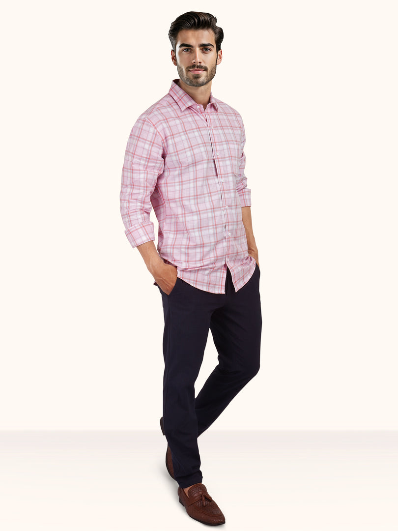 MENS COTTON PINK CHECKERED SLIM FIT FULL SLEEVE CASUAL SHIRT