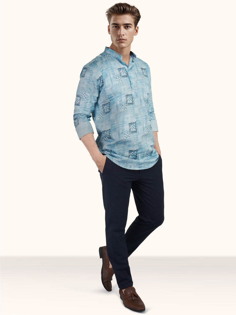 MENS COTTON SKY PRINTED SLIM FIT SHORT KURTA