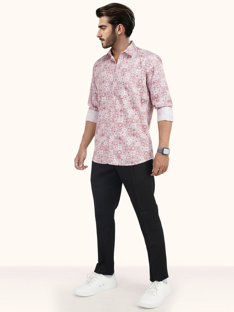 MENS COTTON PINK PRINTED SLIM FIT FULL SLEEVE CASUAL SHIRT