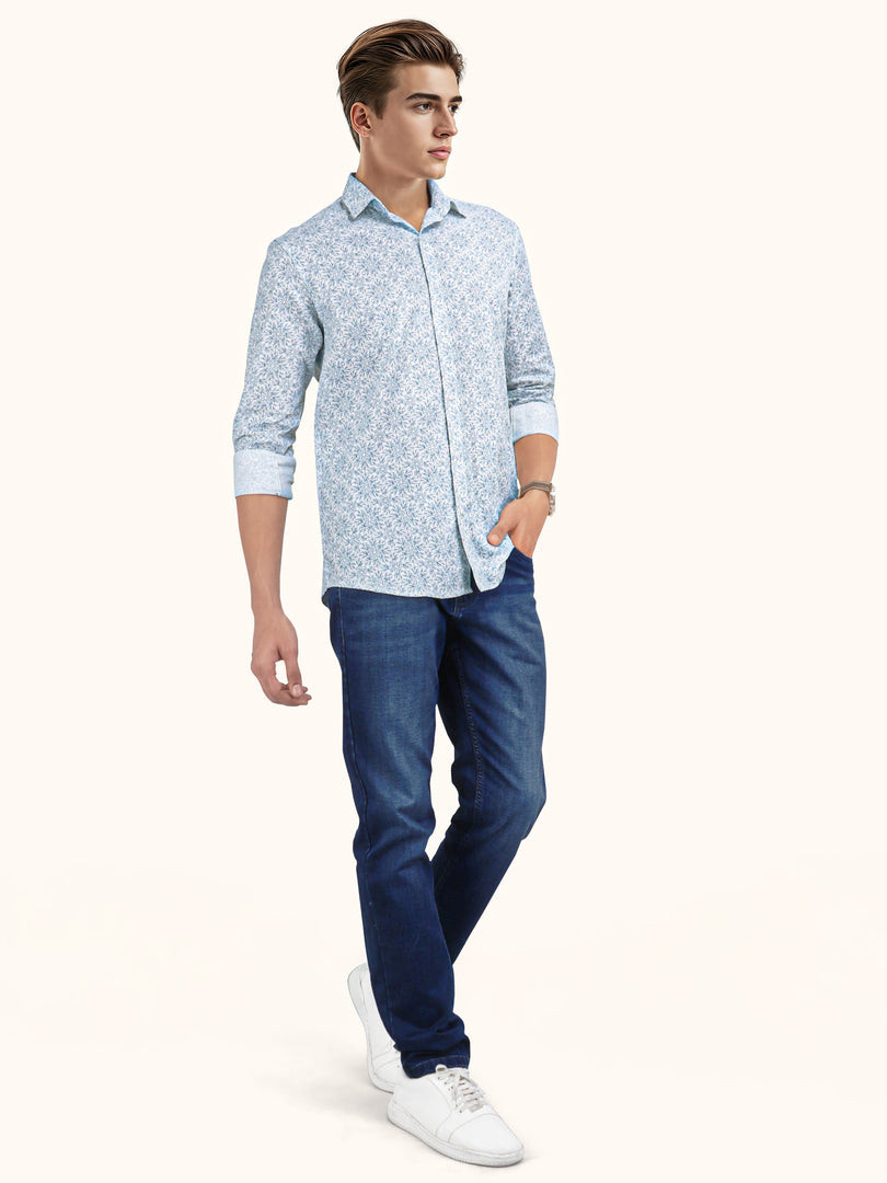 Men Smart Fit Floral Print White Full Sleeve Shirt