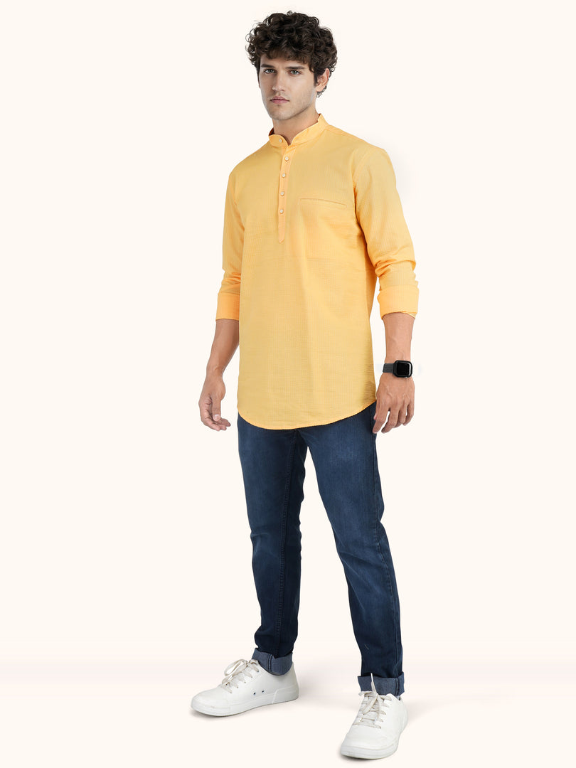 MENS POPCORN YELLOW PLAIN SLIM FIT SHORT KURTA